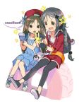  2girls :d backpack bag bangs black_eyes black_gloves black_hair black_legwear braid brown_eyes brown_hair cellphone dress female_protagonist_(pokemon_go) female_protagonist_(pokemon_go)_(cosplay) fingerless_gloves full_body gloves gzm hair_ornament hat idolmaster idolmaster_cinderella_girls long_hair miyoshi_sana multiple_girls open_mouth parted_bangs phone poke_ball pokemon pokemon_go shoes shoulder_bag simple_background single_braid sitting smartphone smile sneakers tachibana_arisu white_background 