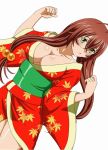  1girl breasts brown_hair cleavage collarbone glasses green_eyes hair_bobbles hair_ornament ikkitousen japanese_clothes jpeg_artifacts kimono large_breasts long_hair looking_at_viewer ryuubi_gentoku simple_background solo white_background yukata 