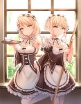  2girls apron blonde_hair blue_eyes breasts broom cleavage cup detached_collar detached_sleeves dress frilled_dress frills hair_ornament hair_ribbon hand_on_hip heterochromia leg_up light_frown looking_at_viewer maid maid_apron maid_headdress multiple_girls puffy_detached_sleeves puffy_sleeves renown_(zhan_jian_shao_nyu) repulse_(zhan_jian_shao_nyu) ribbon short_dress short_hair smile teacup tray tress_ribbon underbust window x_hair_ornament yellow_eyes yuemanhuaikong zhan_jian_shao_nyu 