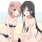  2girls bikini black_hair blue_eyes blush breasts brown_eyes brown_hair coast gochou_(atemonai_heya) hair_between_eyes horizon long_hair looking_at_viewer medium_breasts multiple_girls ocean short_hair sitting small_breasts swimsuit water yahari_ore_no_seishun_lovecome_wa_machigatteiru. yuigahama_yui yukinoshita_yukino 