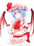  1girl ascot bat_wings blue_hair blush bow brooch frilled_shirt_collar frills hat hat_ribbon highres jewelry looking_at_viewer mappe_(778exceed) mob_cap parted_lips pink_eyes pink_shirt pink_skirt puffy_short_sleeves puffy_sleeves red_bow red_ribbon remilia_scarlet ribbon sash shirt short_hair short_sleeves skirt skirt_set smile solo touhou upper_body wings wrist_cuffs 