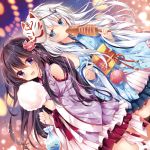  2girls akatsuki_(kantai_collection) alternate_costume ball black_hair blue_eyes cotton_candy detached_sleeves dutch_angle festival fish fox_mask hibiki_(kantai_collection) japanese_clothes kantai_collection kimono long_hair mask multiple_girls nogi_takayoshi silver_hair squid violet_eyes yukata 