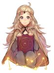  1girl ahoge blonde_hair book cape center_opening circlet commentary eyebrows eyebrows_visible_through_hair fire_emblem fire_emblem_if grey_eyes holding holding_book llicornia long_hair looking_at_viewer ophelia_(fire_emblem_if) simple_background sitting smile solo star white_background 