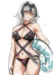  1girl bikini black_bikini breasts cleavage fate/grand_order fate_(series) helmet highres innertube jeanne_alter long_hair navel osakana_(denpa_yun&#039;yun) parted_lips ruler_(fate/apocrypha) ruler_(fate/grand_order) simple_background solo swimsuit wet white_background white_hair yellow_eyes 