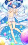  1boy 2016 absurdres angel_wings anklet armlet balloon barefoot bird blue_hair bracelet clouds dated earrings ensemble_stars! feathered_wings full_body happy_birthday highres jewelry male_focus parted_lips shino_hajime short_hair sky smile solo sparkle thighlet violet_eyes wings 
