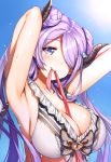  1girl aldehyde armpits arms_behind_head arms_up bare_shoulders between_breasts bikini blue_eyes blush breasts cleavage demon_horns doraf double_bun frilled_bikini frills granblue_fantasy hair_ornament hair_over_one_eye highres horns large_breasts lavender_hair long_hair looking_at_viewer mouth_hold narumeia_(granblue_fantasy) solo swimsuit wet white_bikini 