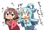  2girls :&lt; alternate_costume aqua_(konosuba) blue_hair blush brown_hair buttons casual commentary_request kanikama kono_subarashii_sekai_ni_shukufuku_wo! long_hair long_sleeves megumin multiple_girls open_mouth pajamas red_eyes short_hair simple_background sweat sweatdrop tickling translation_request v_arms white_background |_| ||_|| 