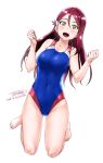  1girl :d artist_name barefoot breasts collarbone competition_swimsuit covered_navel dated hair_between_eyes hair_ornament hairclip highleg highleg_swimsuit highres kneeling long_hair love_live! love_live!_sunshine!! medium_breasts one-piece_swimsuit open_mouth redhead sakurauchi_riko simple_background smile solo swimsuit tachibana_roku white_background yellow_eyes 