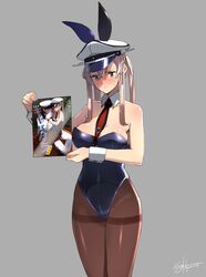  1girl admiral_(kantai_collection) animal_ears blonde_hair blue_eyes book bunny_tail bunnysuit detached_collar graf_zeppelin_(kantai_collection) hat highres iron_cross kantai_collection long_hair necktie pantyhose peaked_cap rabbit_ears solo standing tail thighband_pantyhose touyama_eight twintails 