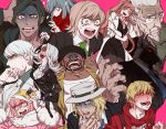  4girls 6+boys afro andou_ruruka bandai_daisaku beard black_hair blonde_hair blue_hair blush blush_stickers boater_hat braces color_drain constricted_pupils covering_mouth dangan_ronpa dangan_ronpa_3 dark_skinned_male drooling facial_hair flipped_hair formal fur_trim gekkougahara_miaya glasses great_gozu green_eyes grey_hair hat izayoi_sounosuke kimura_seiko kizakura_kouichi kurome1127 long_hair macaron mask mask_removed mitarai_ryouta multiple_boys multiple_girls munakata_kyousuke muscle orange_hair pantyhose pink_background pink_hair ponytail red_eyes sakakura_juuzou saliva scarf scarf_over_mouth shaded_face short_hair shouting silver_hair simple_background smile suit surgical_mask sweat syringe tears tengan_kazuo tongue tongue_out veins wrestling_mask yukizome_chisa 