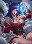  1girl ahri animal_ears bare_shoulders bead_bracelet black_hair blue_eyes breasts citemer cleavage corset detached_sleeves fox_ears fox_tail korean_clothes large_breasts league_of_legends long_hair low_neckline multiple_tails solo tagme tail 