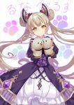  1girl :&lt; bangs blonde_hair bow double_bun dress hair_bow hair_ornament hand_puppet holding long_hair long_sleeves looking_at_viewer luna_(shadowverse) nyori paw_print puffy_long_sleeves puffy_sleeves puppet purple_dress red_ribbon ribbon shadowverse sidelocks simple_background solo translation_request twintails white_background yellow_eyes 
