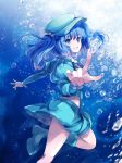  1girl ass blue_eyes blue_hair boots bubble foreshortening grin hair_bobbles hair_ornament hands kawashiro_nitori looking_at_viewer outstretched_arm pico_(picollector79) pointing revision short_hair smile solo touhou twintails two_side_up underwater 
