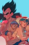  2boys baby bikini black_hair blue_hair bulma dragon_ball dragon_ball_z eating family father_and_son food hat husband_and_wife ice_cream maria_kmetz mother_and_son multiple_boys navel purple_hair sleeping stomach sun_hat swimsuit trunks_(dragon_ball) vegeta 