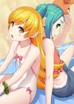  2girls aqua_hair back-to-back bakemonogatari bare_shoulders blonde_hair blush_stickers bow bracelet eyebrows eyebrows_visible_through_hair fang green_eyes hat jewelry long_hair looking_at_viewer monogatari_(series) multiple_girls murata_isshin one-piece_swimsuit ononoki_yotsugi open_mouth oshino_shinobu sand shorts sitting swimsuit towel yellow_eyes 