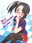  1girl armband bangs black_hair blue_shirt checkered checkered_floor english glasses hand_on_own_chin headphones internet_positif ipo-chan looking_at_viewer meow_(nekodenki) necktie pantyhose personification plus_sign red_eyes red_skirt shirt side_ponytail sitting skirt solo striped symbol-shaped_pupils 
