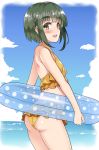  1girl :d ass bangs bare_shoulders bikini blue_sky blunt_bangs blush braid brown_eyes clouds eyebrows eyebrows_visible_through_hair green_hair innertube kantai_collection kusano_(torisukerabasu) looking_back open_mouth polka_dot polka_dot_innertube short_hair short_hair_with_long_locks sidelocks sky smile solo swimsuit takanami_(kantai_collection) thick_eyebrows water yellow_bikini 