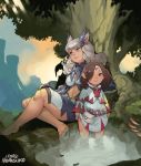  2girls animal_ears barefoot breasts brown_hair cat_ears feet final_fantasy final_fantasy_xiv hair_ornament highres lalafell miqo&#039;te multiple_girls navel norasuko partially_submerged silver_hair sitting skirt skirt_lift smile stomach tree water white_mage 