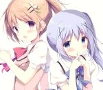  2girls :o asymmetrical_hair blue_bow blue_bowtie blue_eyes blue_hair blue_vest blush bow bowtie closed_mouth collared_shirt crossed_fingers eyebrows eyebrows_visible_through_hair frown gochuumon_wa_usagi_desu_ka? hair_ornament hairclip hoto_cocoa kafuu_chino long_hair looking_at_viewer looking_to_the_side multiple_girls open_mouth orange_hair pink_vest ponytail puffy_short_sleeves puffy_sleeves red_bow red_bowtie shiratama_(shiratamaco) shirt short_hair short_sleeves side_ponytail tareme upper_body violet_eyes wing_collar x_hair_ornament 