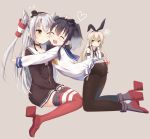  3girls ;) amatsukaze_(kantai_collection) anchor_hair_ornament ass black_hair black_legwear blonde_hair blush brown_background butt_crack choker gradient_hair green_eyes hair_ornament hairband hand_on_another&#039;s_head headgear heart hug jealous kantai_collection kneeling long_hair looking_at_another multicolored_hair multiple_girls one_eye_closed open_mouth pantyhose red_legwear school_uniform serafuku shimakaze_(kantai_collection) short_hair short_hair_with_long_locks silver_hair simple_background smile striped striped_legwear thigh-highs tokitsukaze_(kantai_collection) white_hair yellow_eyes yoshikita_popuri yuri 