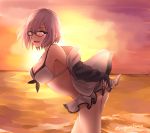  1girl arms_behind_back artist_request ass bare_shoulders bikini breasts cleavage fate/grand_order fate_(series) glasses looking_at_viewer medium_breasts purple_hair shielder_(fate/grand_order) short_hair smile solo sunset swimsuit thighs twitter_username violet_eyes 