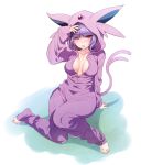  1girl akira_(natsumemo) barefoot blush bodysuit breasts cleavage cosplay espeon espeon_(cosplay) highres looking_up natsume_(pokemon) one_eye_closed pokemon pokemon_(game) pokemon_hgss purple_hair red_eyes solo 