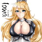  1girl absurdres blonde_hair breasts commentary_request elbow_gloves fingerless_gloves front-tie_top gloves hair_between_eyes hal_nakura headgear highres iowa_(kantai_collection) kantai_collection large_breasts solo star star-shaped_pupils symbol-shaped_pupils 
