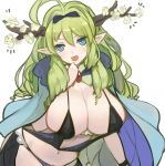  1girl ahoge black_panties blue_eyes blush breasts cape cleavage flower flower-shaped_pupils fur_trim green_hair hair_ribbon horns large_breasts long_hair navel open_mouth panties pointy_ears pupps ribbon simple_background solo underwear white_background 