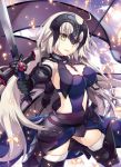 1girl alternate_color alternate_costume armor armored_dress between_breasts breasts chain cleavage_cutout detached_sleeves fate/grand_order fate_(series) faulds from_side fujima_takuya gauntlets hair_between_eyes headpiece holding holding_sword holding_weapon jeanne_alter large_breasts long_hair looking_at_viewer navel_cutout open_mouth outstretched_arm ruler_(fate/apocrypha) ruler_(fate/grand_order) silver_hair skindentation skirt smile sword thighs weapon yellow_eyes 