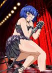  1girl black_dress blue_hair dress eyepatch green_eyes highres ikkitousen indoors long_hair looking_at_viewer microphone ryomou_shimei short_hair solo torn_clothes 