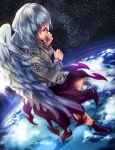  1girl angel_wings bangs boots dress earth feathered_wings flying from_above from_side hand_to_own_mouth jacket kishin_sagume leg_up lens_flare light_particles long_sleeves nagare outer_space profile purple_boots purple_dress red_eyes silver_hair single_wing sky solo space star_(sky) starry_sky touhou white_hair white_wings wings 