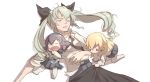  3girls anchovy blonde_hair braid carpaccio chibi closed_eyes die_(die0118) girls_und_panzer green_hair hair_ribbon holding holding_another&#039;s_hair long_hair loose_necktie multiple_girls necktie open_mouth pepperoni_(girls_und_panzer) ribbon silver_hair sleeping twintails 