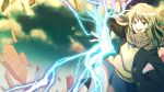  1girl blonde_hair blue_skirt brown_eyes coat coppelion electricity irae_creation long_hair miniskirt open_mouth outdoors ozu_kanon scarf skirt sky sweater_vest 