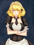  alternate_costume apron blonde_hair blue_eyes breasts cowboy_shot crossed_arms detached_collar enmaided gloves heterochromia large_breasts maid maid_apron necktie renown_(zhan_jian_shao_nyu) short_hair yellow_eyes zhan_jian_shao_nyu 
