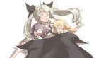  3girls anchovy blanket blonde_hair braid carpaccio chibi closed_eyes die_(die0118) girls_und_panzer green_hair hair_ribbon holding holding_another&#039;s_hair long_hair loose_necktie multiple_girls necktie open_mouth pepperoni_(girls_und_panzer) ribbon silver_hair sleeping twintails 