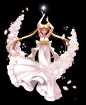  1girl armpits arms_up bishoujo_senshi_sailor_moon black_background blonde_hair breasts cleavage douyougen dress facial_mark flower forehead_mark full_body hair_flower hair_ornament long_hair maboroshi_no_ginzuishou petals princess_serenity sleeveless sleeveless_dress solo tsukino_usagi twintails 