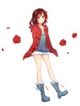  1girl alternate_costume boots flower fur-trimmed_boots grey_eyes jacket jacket_on_shoulders kuma_(bloodycolor) redhead rose ruby_rose rwby smile solo white_background 