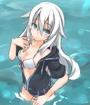  1girl bare_shoulders bikini black_heart blue_eyes breasts cleavage himajin_(starmine) jacket long_hair looking_at_viewer neptune_(series) noire sketch solo swimsuit very_long_hair white_hair white_swimsuit 