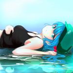  1girl armpit_peek bare_shoulders blue_eyes blue_hair breasts from_side green_hat hair_bobbles hair_ornament hat highres homo_1121 kawashiro_nitori large_breasts looking_at_viewer lying on_back parted_lips partially_submerged short_hair solo tank_top touhou two_side_up 