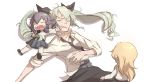  3girls anchovy blonde_hair braid carpaccio chibi closed_eyes die_(die0118) drooling girls_und_panzer green_hair hair_ribbon hand_on_another&#039;s_face holding holding_hair long_hair loose_necktie multiple_girls necktie pepperoni_(girls_und_panzer) ribbon silver_hair sleeping twintails 