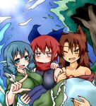  3girls animal_ears bare_shoulders blue_eyes blue_hair blush bow brown_eyes brown_hair drill_hair fish_tail hair_bow hato_no_suisou head_fins highres imaizumi_kagerou japanese_clothes kimono light_rays multiple_girls nail_polish open_mouth pointing red_eyes red_nails redhead scarf sekibanki sunbeam sunlight sweatdrop touhou wakasagihime wolf_ears 