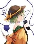  1girl bare_shoulders green_eyes green_hair hat hat_ribbon heart heart_of_string holding holding_phone homo_1121 knife komeiji_koishi long_sleeves looking_at_viewer looking_to_the_side off_shoulder phone ribbon short_hair smile solo third_eye touhou upper_body wide_sleeves 