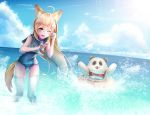  1boy 1girl animal_ears artist_request beach blonde_hair blue_eyes clouds dog_ears elin_(tera) furry innertube long_hair ocean one-piece_swimsuit one_eye_closed open_mouth panda popori school_swimsuit school_uniform serafuku shirt sky sleeveless sleeveless_shirt smile splashing swimsuit swimsuit_under_clothes tail tera_online thigh-highs wading water white_legwear 