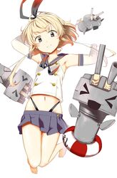  0_0 1girl :&lt; absurdres ahoge alternate_hair_length alternate_hairstyle armpits arms_up artist_request bad_anatomy bare_legs barefoot black_gloves black_ribbon blonde_hair blue_skirt blush brown_eyes elbow_gloves empty_eyes full_body gloves grin hair_ribbon head_tilt highres jumping kantai_collection knees_together_feet_apart lifebuoy machinery navel neckerchief parted_lips pleated_skirt propeller rensouhou-chan ribbon robot sailor_collar scan scan_artifacts shimakaze_(kantai_collection) shirt short_hair skirt sleeveless sleeveless_shirt smile stomach teardrop teeth thong_panties triangle_mouth white_gloves white_shirt 