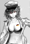  bikini breasts cleavage dress_shirt front-tie_top german_flag graf_zeppelin_(zhan_jian_shao_nyu) grey_background hat highres large_breasts licking_lips open_clothes open_shirt red_eyes shirt short_hair side-tie_bikini sketch swimsuit tongue tongue_out uniform zhan_jian_shao_nyu 