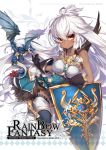  1girl 2016 :&gt; artist_name black_gloves blush breastplate closed_mouth copyright_name cover cover_page dark_skin doujin_cover dragon english gloves granblue_fantasy hong_(white_spider) long_hair looking_at_viewer number shield solo the_order_grande thigh-highs very_long_hair white_background white_hair 