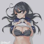  1girl ahoge bangs black_bra black_eyes black_hair bow bow_bra bra breasts chain cleavage closed_mouth collar ebifurya empty_eyes eyebrows eyebrows_visible_through_hair grey_background hair_between_eyes hands_on_own_chest highres kantai_collection large_breasts long_hair looking_away navel purple_bow school_uniform serafuku shadow shirt_lift short_sleeves simple_background solo stomach tears twitter_username underwear upper_body ushio_(kantai_collection) 