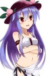  1girl akisome_hatsuka blue_hair blush crossed_arms eyebrows eyebrows_visible_through_hair food fruit hat hinanawi_tenshi long_hair navel peach red_eyes simple_background solo swimsuit touhou white_background 
