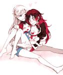 2girls bare_legs barefoot blue_eyes blush grey_eyes heart if_they_mated kuma_(bloodycolor) multicolored_hair multiple_girls one_eye_closed redhead ruby_rose rwby shorts silver_hair sitting sitting_on_lap sitting_on_person weiss_schnee yuri 