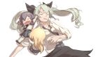  3girls anchovy blonde_hair braid carpaccio chibi closed_eyes die_(die0118) drooling girls_und_panzer green_hair hair_ribbon holding holding_another&#039;s_foot long_hair loose_necktie multiple_girls necktie open_mouth pepperoni_(girls_und_panzer) ribbon saliva silver_hair sleeping twintails 